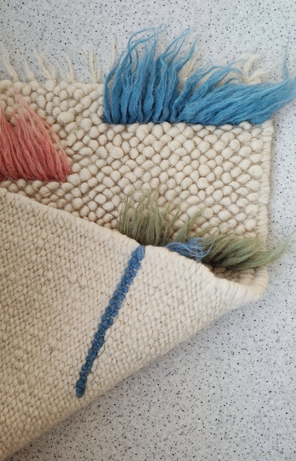 The back side of the handwoven wool texture of the Zhvanchyk Gulki rug